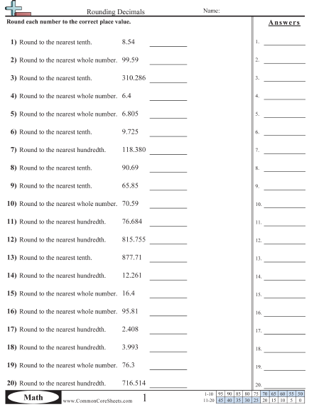 5.nbt.4 Worksheets - Tenths, Hundredths and Whole worksheet
